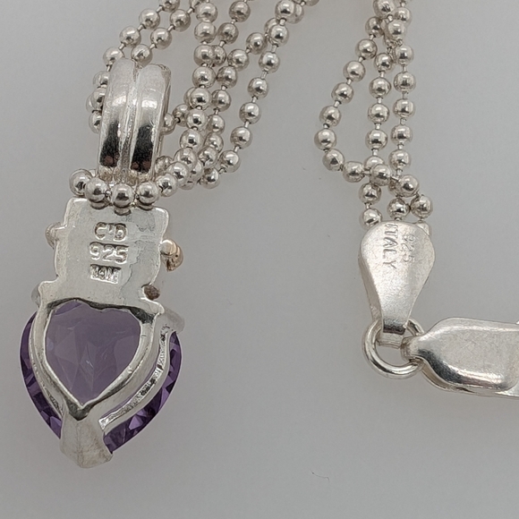 925 Silver Amethyst Pendant w/ 14K Yellow Gold Detailing & Silver Triple Chain - Picture 5 of 6
